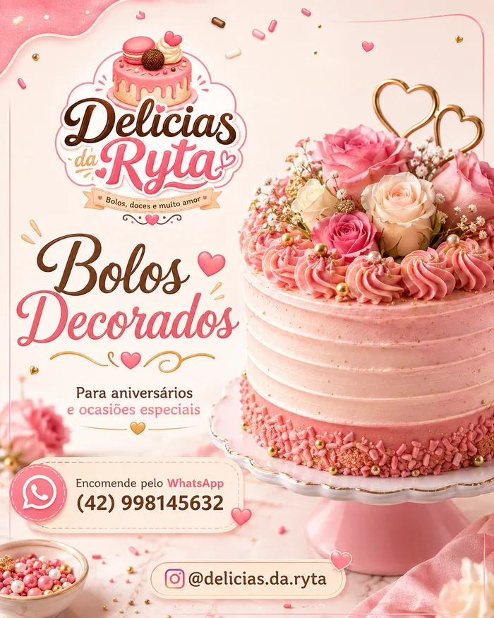 Bolo de camadas em degradê rosa, coberto de rosas naturais e topo de corações dourados — Delicias da Ryta, Pitanga/PR