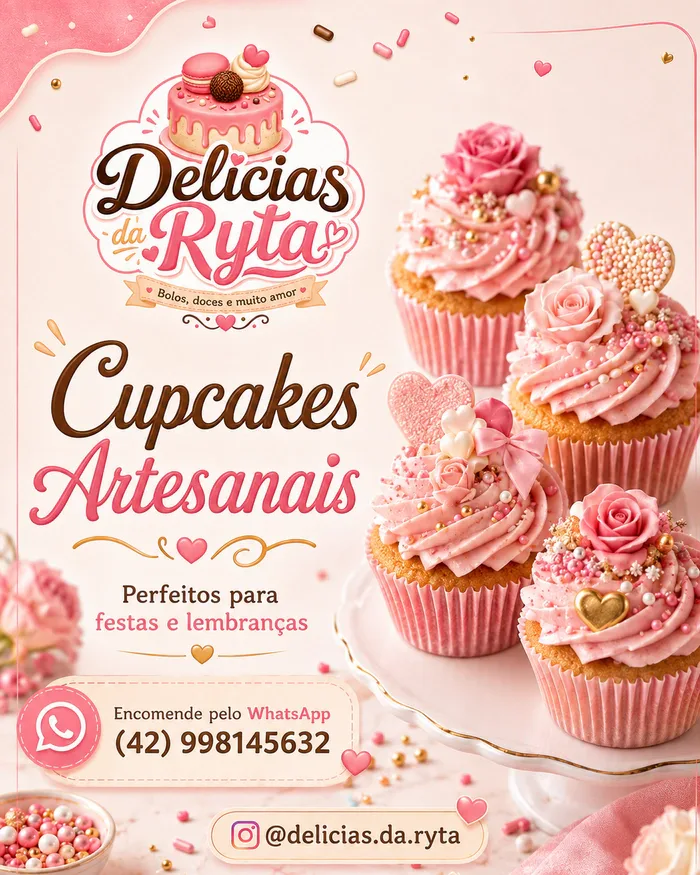 Cupcakes com cobertura rosa em espiral, rosas de açúcar, pérolas e corações