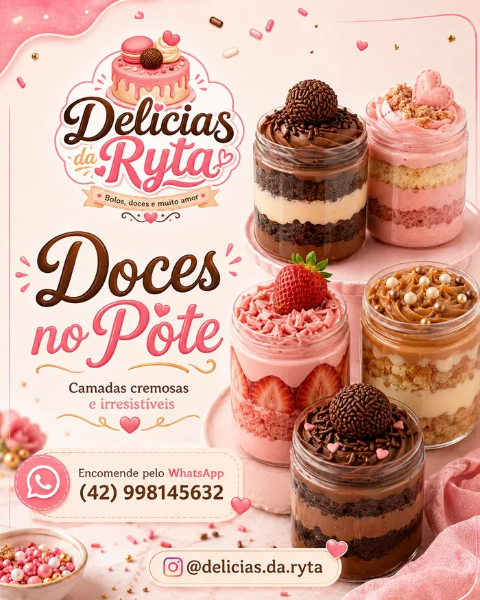 Potes de vidro com camadas de bolo e creme: brigadeiro, morango, ninho e doce de leite
