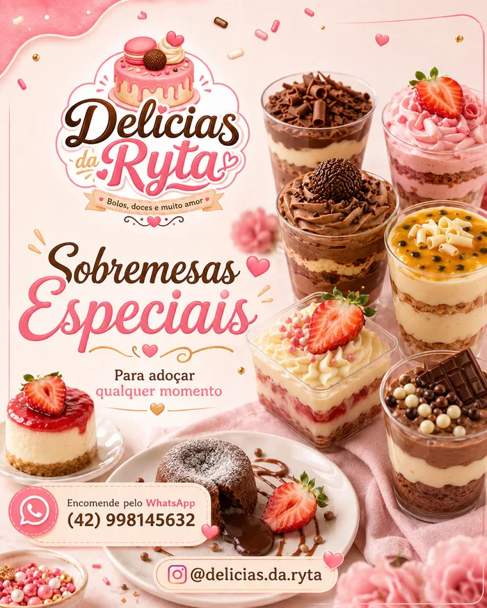 Sobremesas em copo e taça: morango, maracujá, chocolate, cheesecake e bolo vulcão