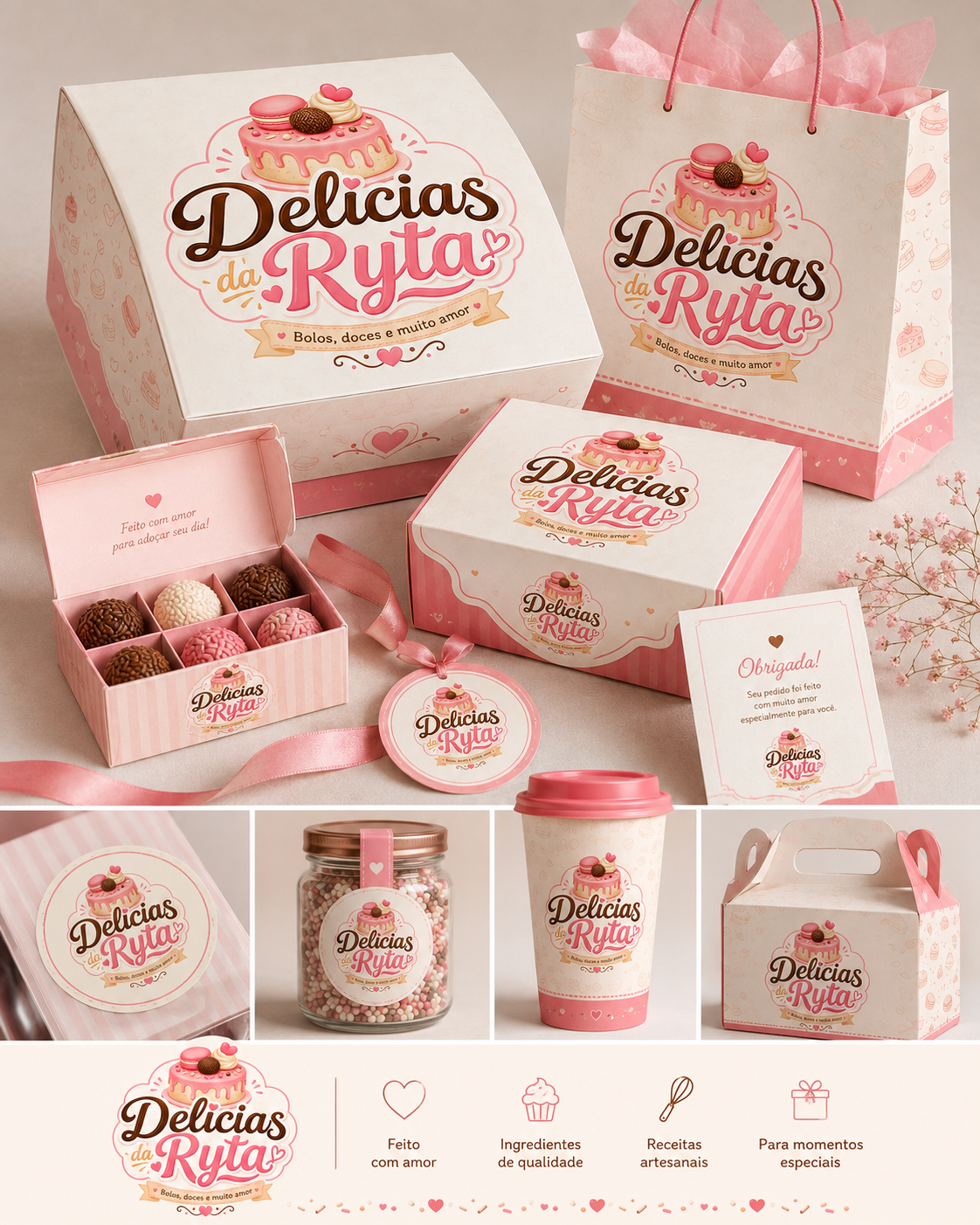 Caixas, sacola e potes da Delicias da Ryta, com a marca aplicada nas embalagens
