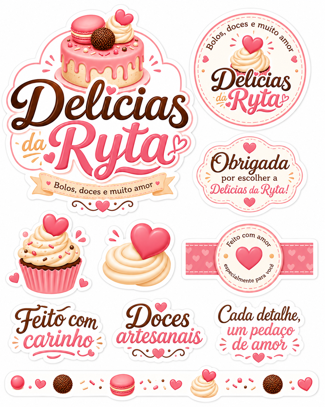 Selos e adesivos da marca: feito com carinho, doces artesanais e cada detalhe um pedaço de amor