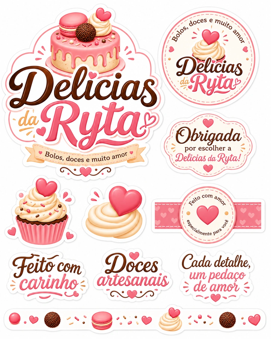 Selos e adesivos da marca: feito com carinho, doces artesanais e cada detalhe um pedaço de amor